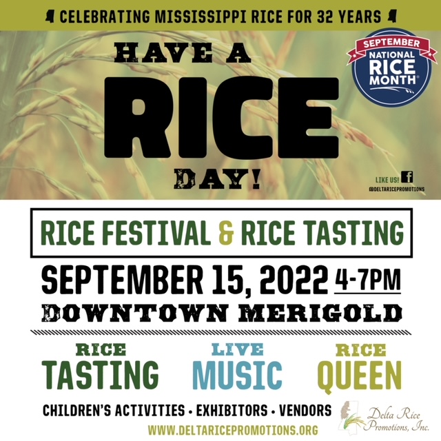 Delta Rice Festival 2022 graphic, September 15, 2022 4-7pm Downtown Merigold